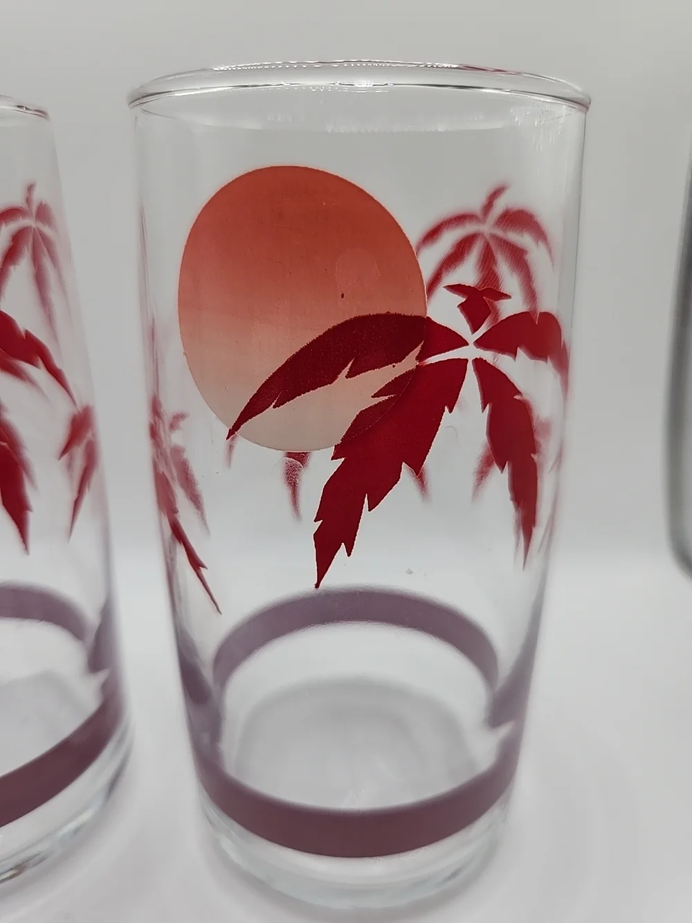 Clear Glass Tumbler Set with Red Palm Sunset Design‎ vintage
